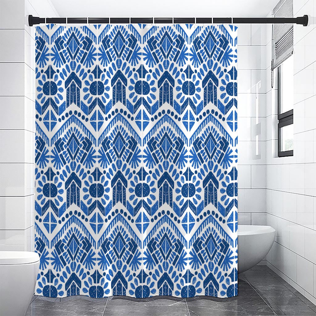 Blue And White Aztec Pattern Print Premium Shower Curtain