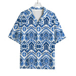 Blue And White Aztec Pattern Print Rayon Hawaiian Shirt