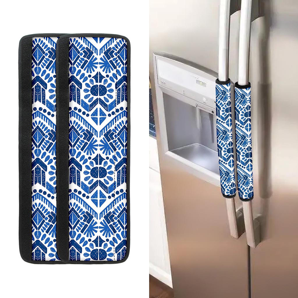 Blue And White Aztec Pattern Print Refrigerator Handle Covers
