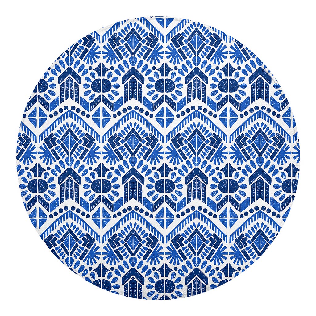 Blue And White Aztec Pattern Print Round Blanket