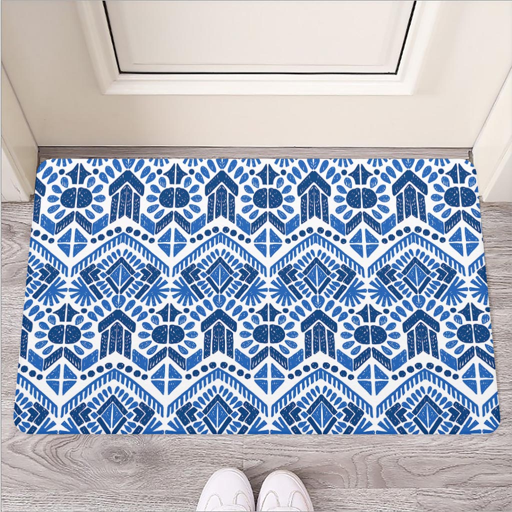 Blue And White Aztec Pattern Print Rubber Doormat