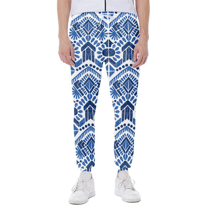 Blue And White Aztec Pattern Print Scuba Joggers