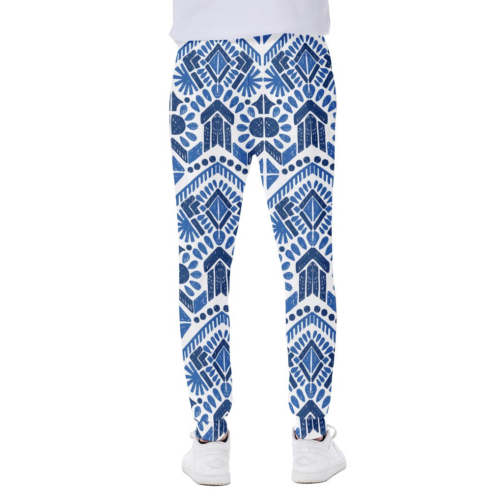 Blue And White Aztec Pattern Print Scuba Joggers