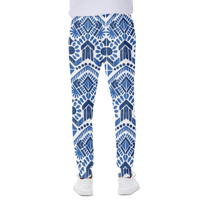 Blue And White Aztec Pattern Print Scuba Joggers