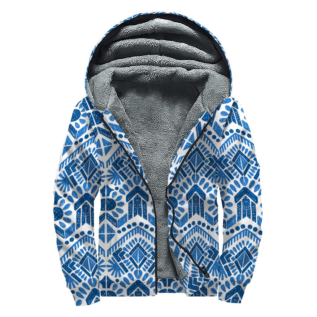 Blue And White Aztec Pattern Print Sherpa Lined Zip Up Hoodie