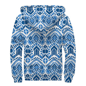 Blue And White Aztec Pattern Print Sherpa Lined Zip Up Hoodie