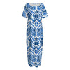 Blue And White Aztec Pattern Print Short Sleeve Long Nightdress