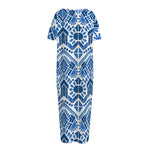 Blue And White Aztec Pattern Print Short Sleeve Long Nightdress