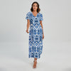 Blue And White Aztec Pattern Print Short Sleeve Maxi Dress