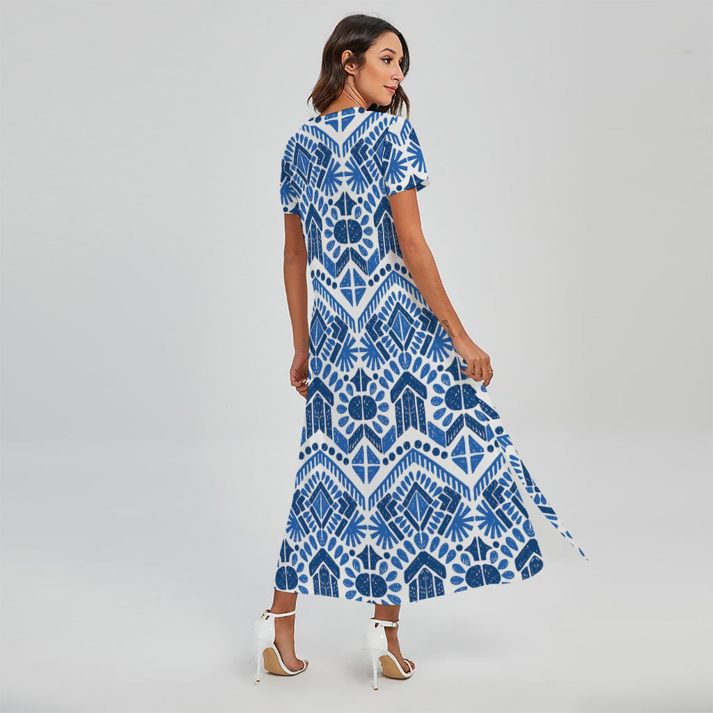 Blue And White Aztec Pattern Print Short Sleeve Maxi Dress