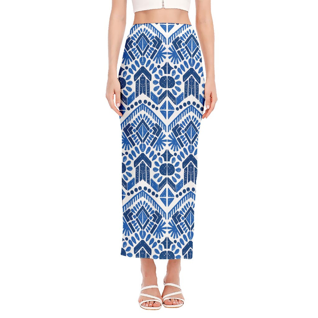 Blue And White Aztec Pattern Print Side Slit Maxi Skirt