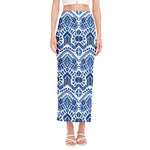 Blue And White Aztec Pattern Print Side Slit Maxi Skirt