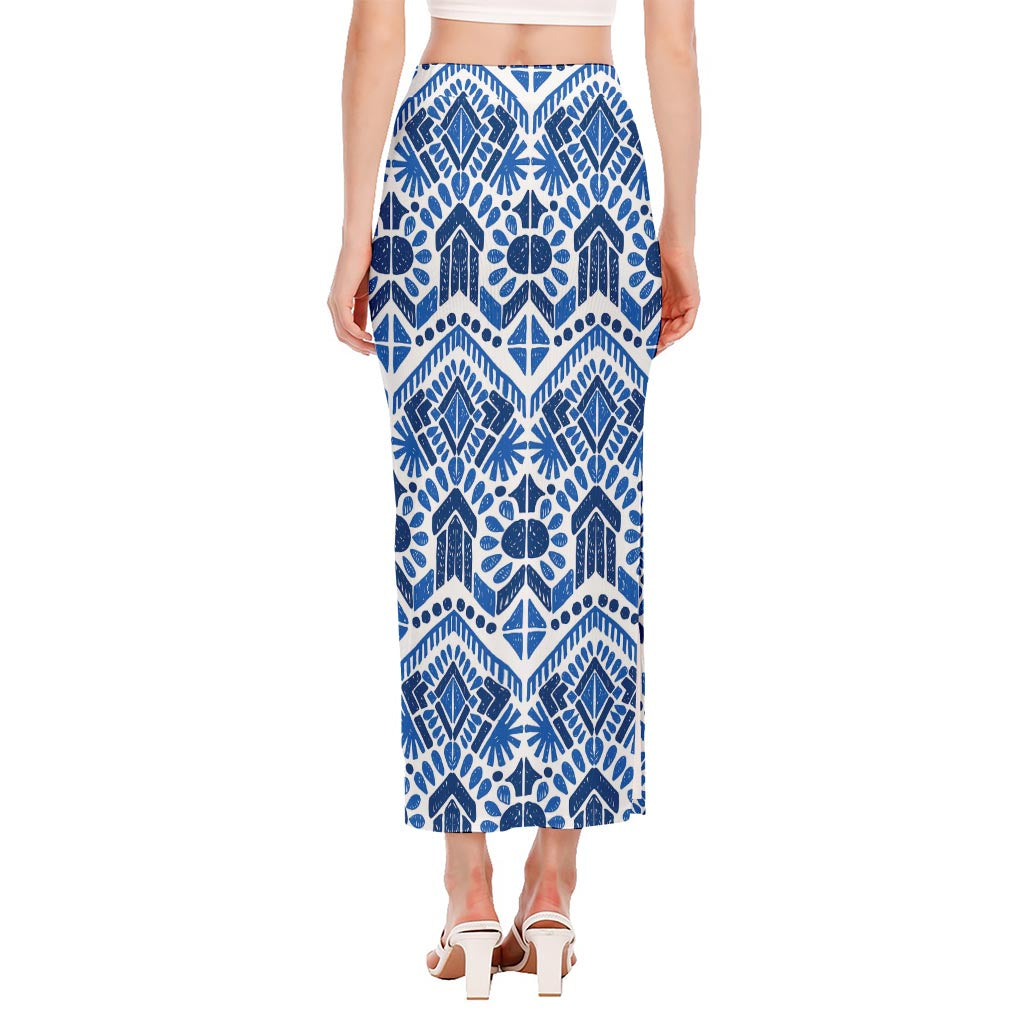 Blue And White Aztec Pattern Print Side Slit Maxi Skirt