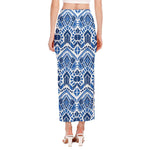 Blue And White Aztec Pattern Print Side Slit Maxi Skirt