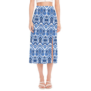 Blue And White Aztec Pattern Print Side Slit Midi Skirt