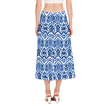 Blue And White Aztec Pattern Print Side Slit Midi Skirt