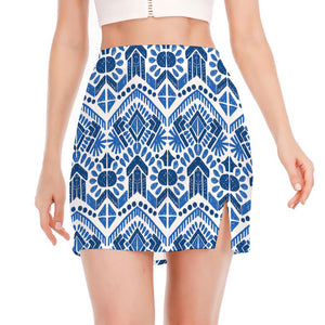 Blue And White Aztec Pattern Print Side Slit Mini Skirt