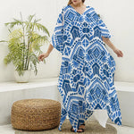 Blue And White Aztec Pattern Print Silk V-Neck Kaftan Dress