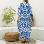 Blue And White Aztec Pattern Print Silk V-Neck Kaftan Dress