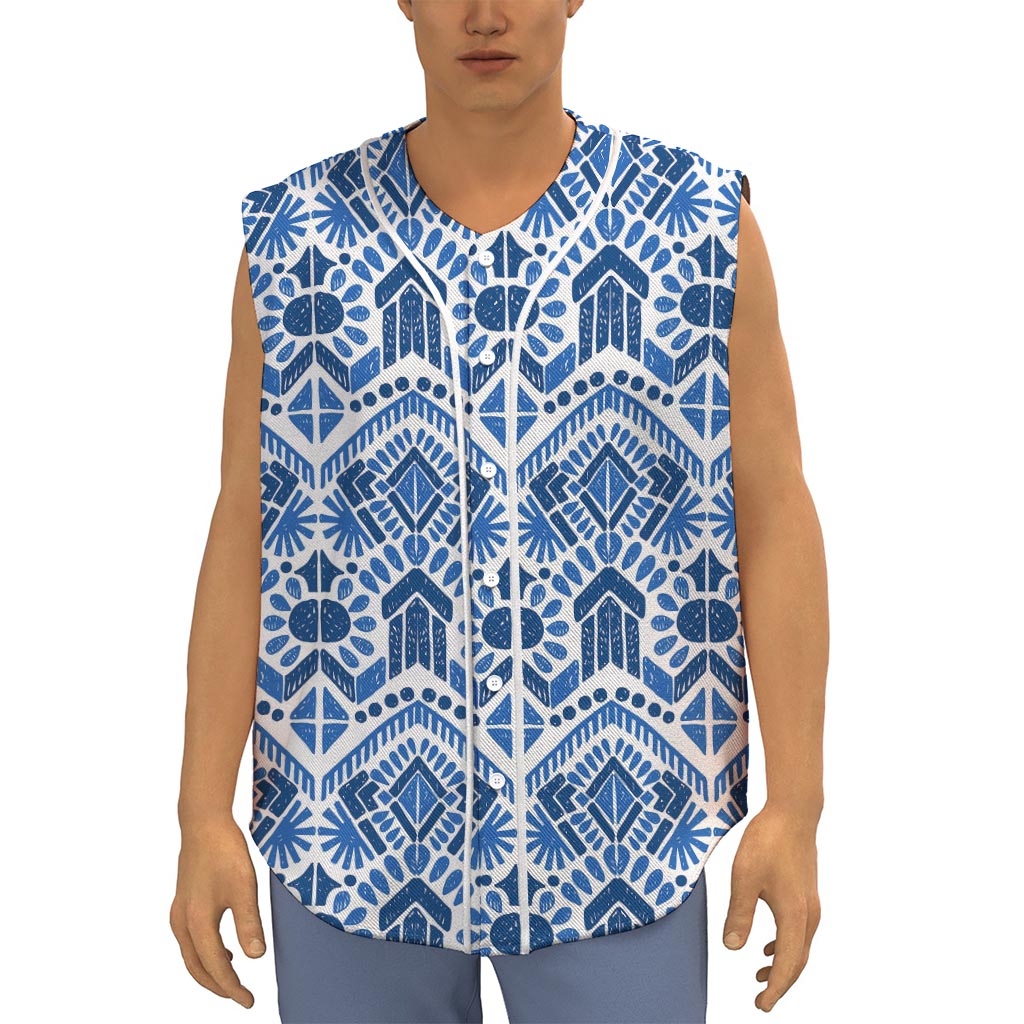 Blue And White Aztec Pattern Print Sleeveless Baseball Jersey