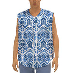 Blue And White Aztec Pattern Print Sleeveless Baseball Jersey