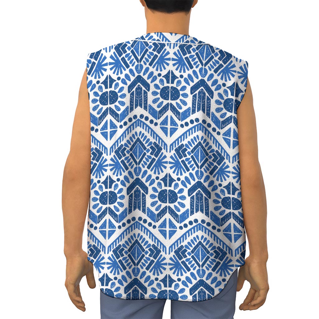 Blue And White Aztec Pattern Print Sleeveless Baseball Jersey