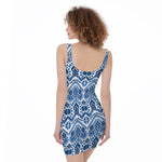 Blue And White Aztec Pattern Print Sleeveless Bodycon Dress