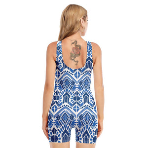 Blue And White Aztec Pattern Print Sleeveless One Piece Swimsuit