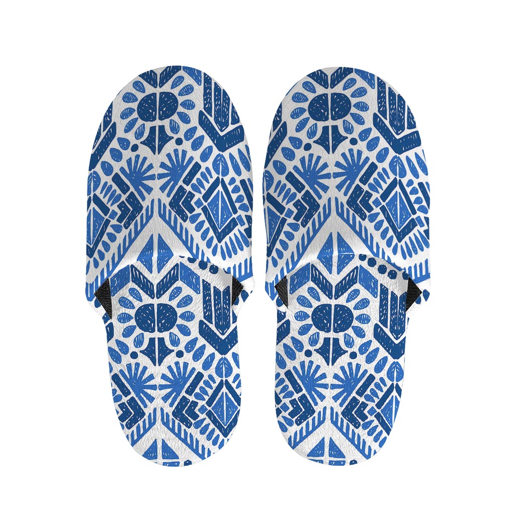 Blue And White Aztec Pattern Print Slippers