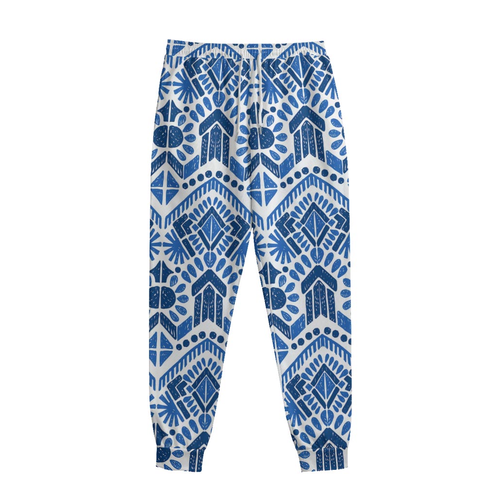 Blue And White Aztec Pattern Print Sweatpants