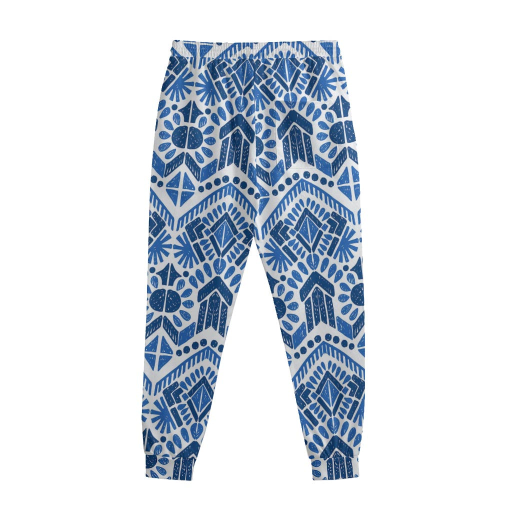 Blue And White Aztec Pattern Print Sweatpants