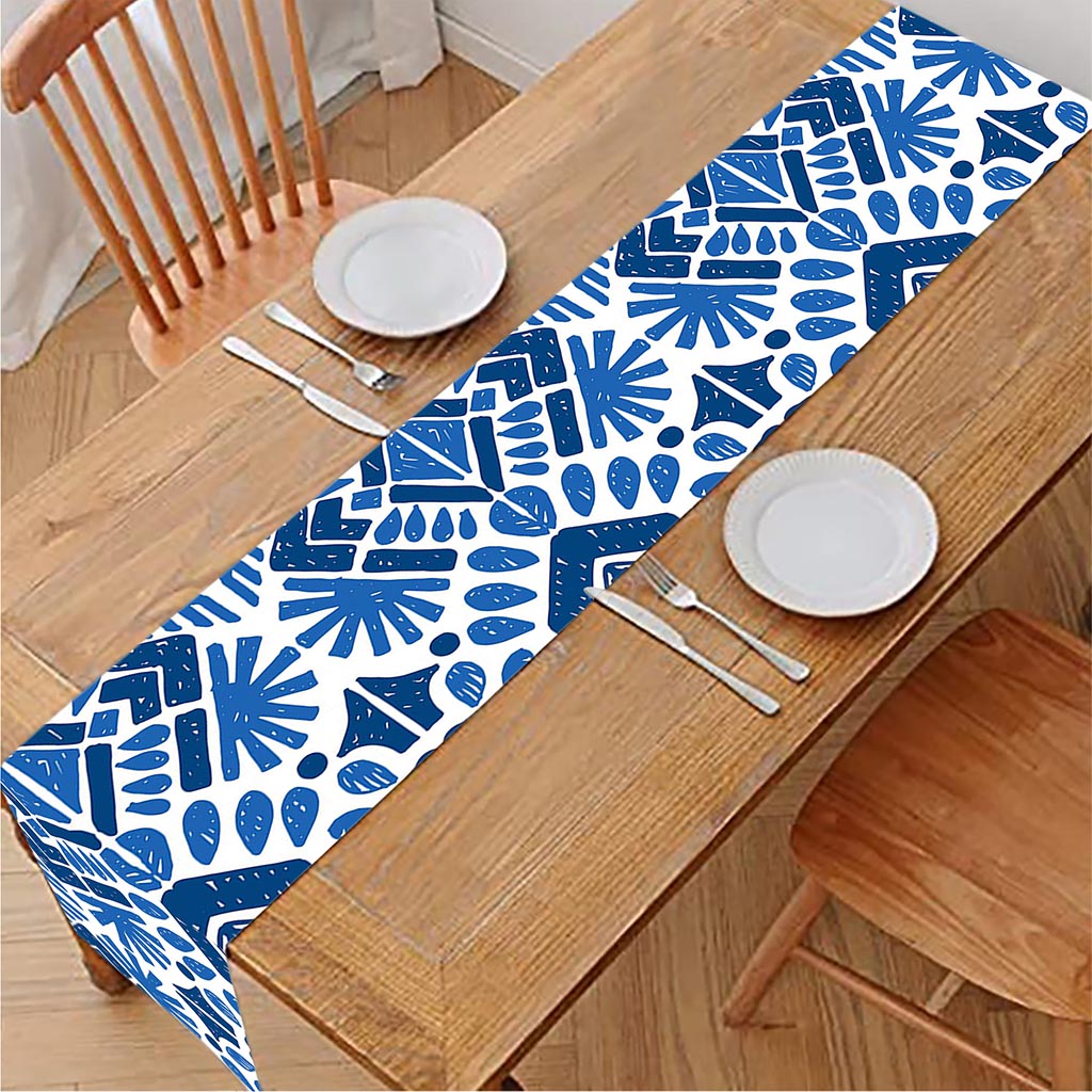 Blue And White Aztec Pattern Print Table Runner