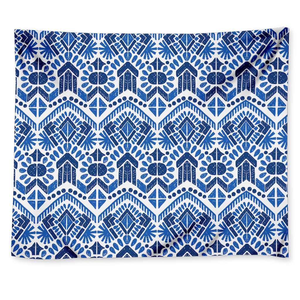 Blue And White Aztec Pattern Print Tapestry