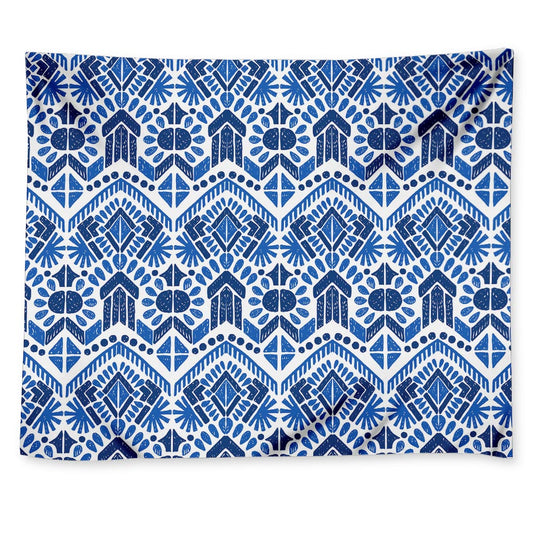 Blue And White Aztec Pattern Print Tapestry