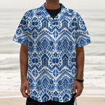 Blue And White Aztec Pattern Print Textured Short Sleeve Shirt