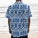 Blue And White Aztec Pattern Print Textured Short Sleeve Shirt