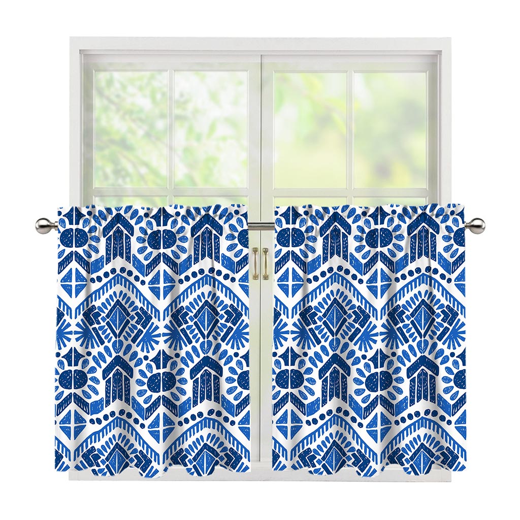 Blue And White Aztec Pattern Print Tier Curtains