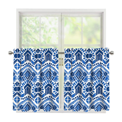 Blue And White Aztec Pattern Print Tier Curtains