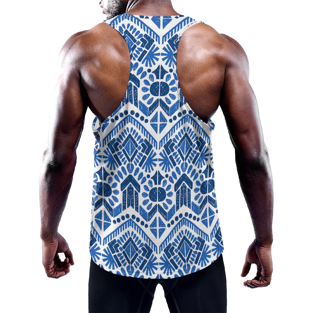 Blue And White Aztec Pattern Print Training Tank Top