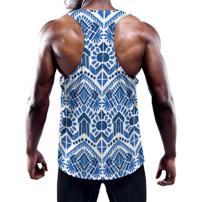 Blue And White Aztec Pattern Print Training Tank Top