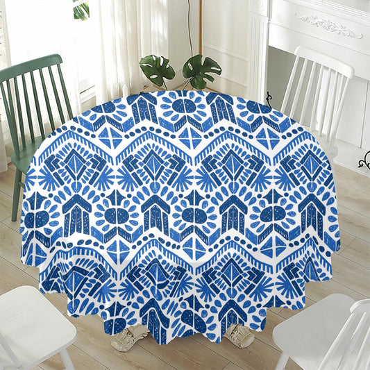 Blue And White Aztec Pattern Print Waterproof Round Tablecloth