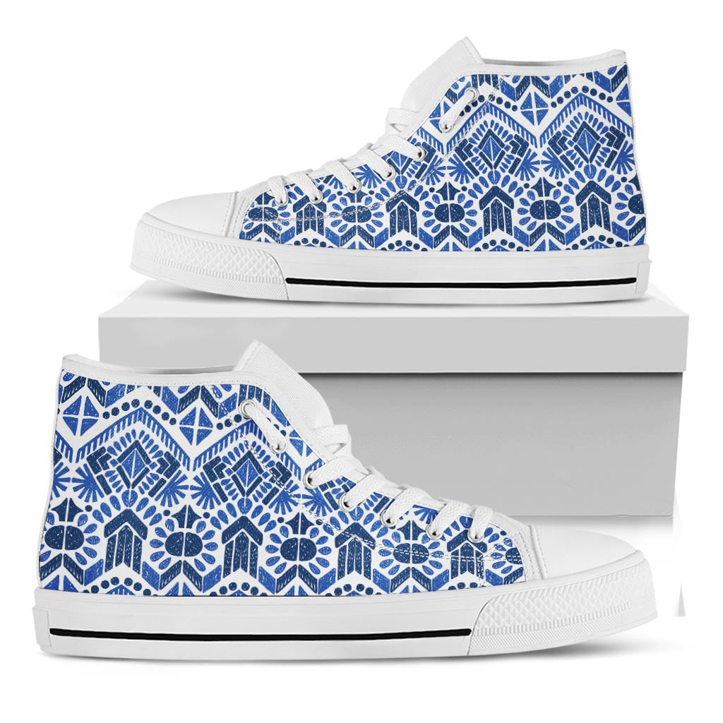 Blue And White Aztec Pattern Print White High Top Sneakers