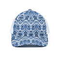 Blue And White Aztec Pattern Print White Mesh Trucker Hat