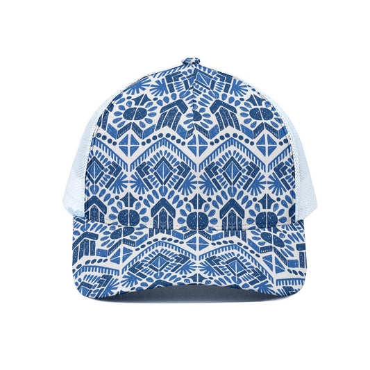 Blue And White Aztec Pattern Print White Mesh Trucker Cap