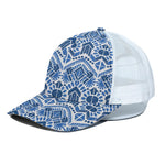 Blue And White Aztec Pattern Print White Mesh Trucker Cap