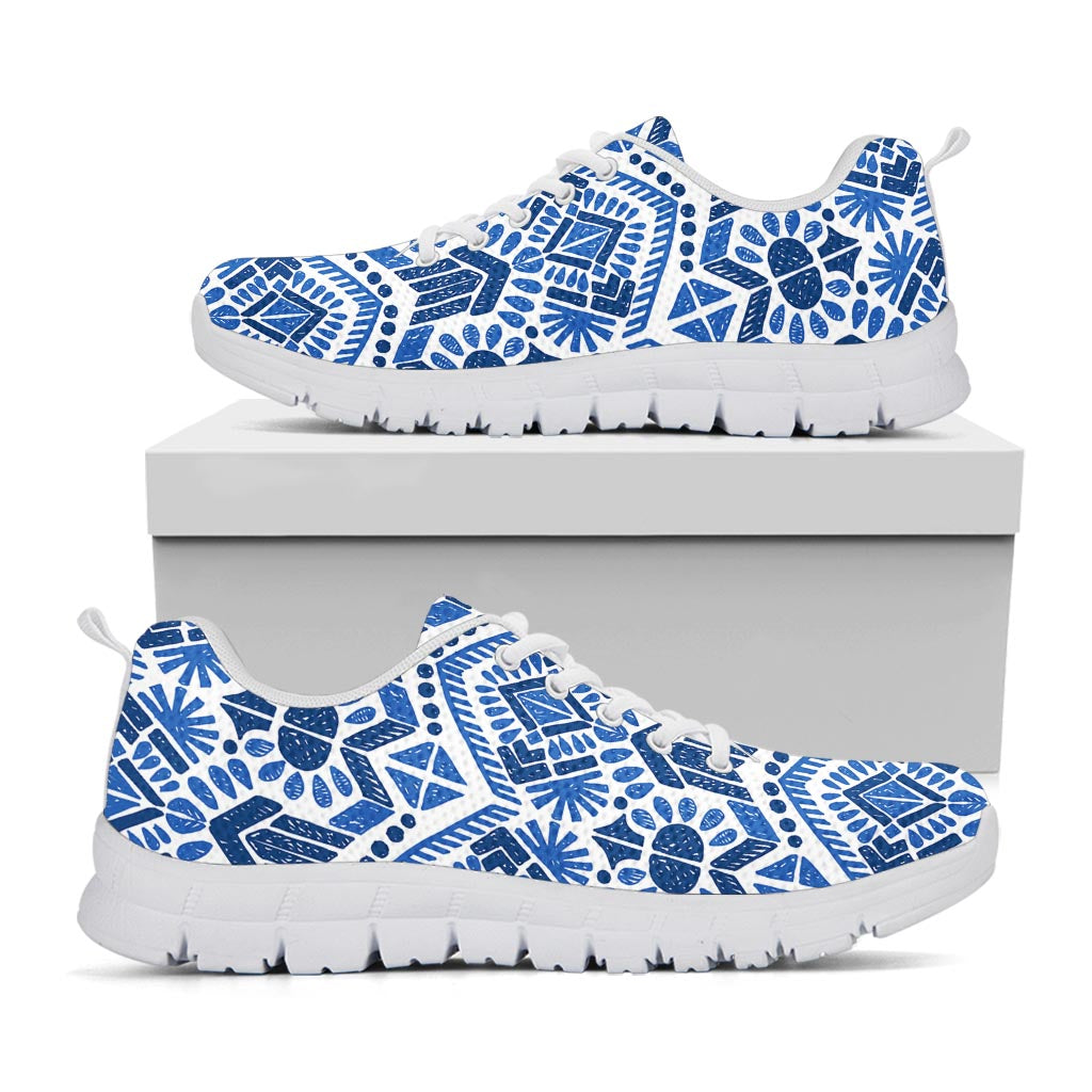 Blue And White Aztec Pattern Print White Running Shoes