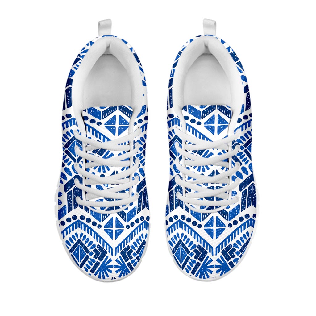 Blue And White Aztec Pattern Print White Running Shoes