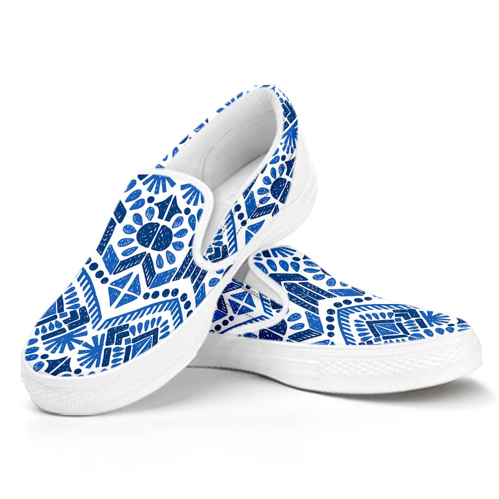 Blue And White Aztec Pattern Print White Slip On Sneakers