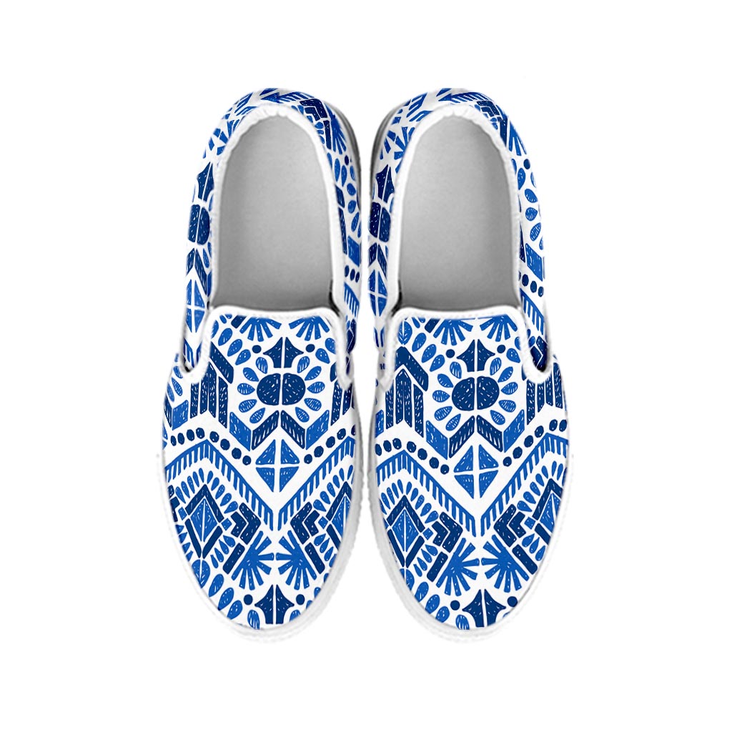 Blue And White Aztec Pattern Print White Slip On Sneakers