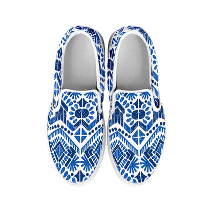 Blue And White Aztec Pattern Print White Slip On Sneakers